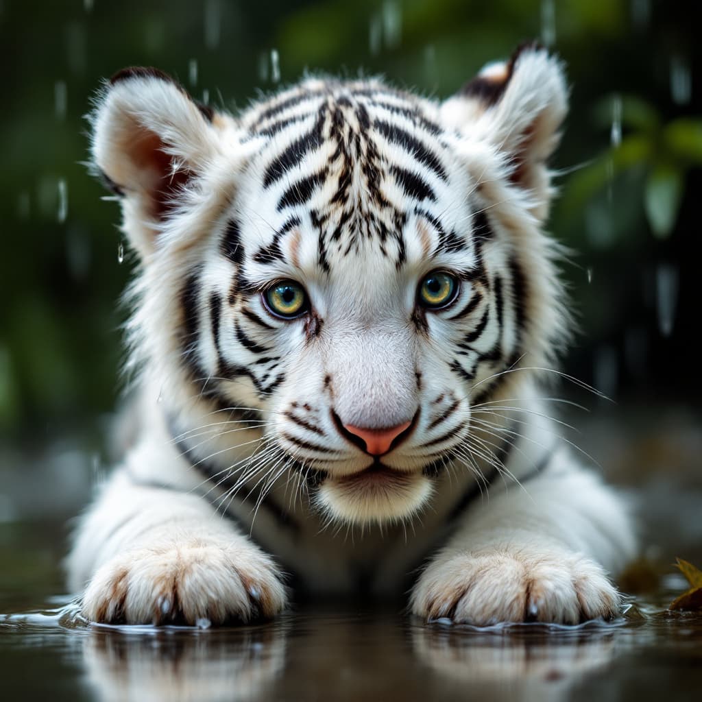 AI generated: A wet white Tiger Cub in the Rain