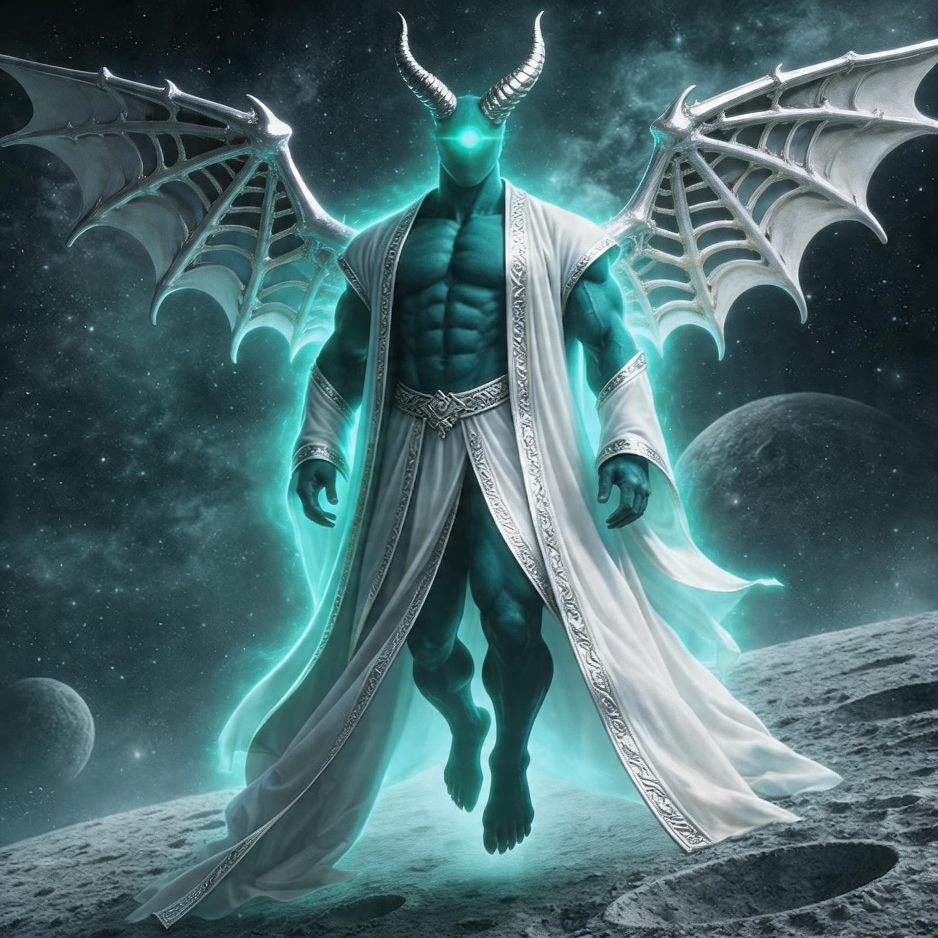 AI generated: create a god of dragons with teal colors with a god like aura surrounding him flying in darkness wit...