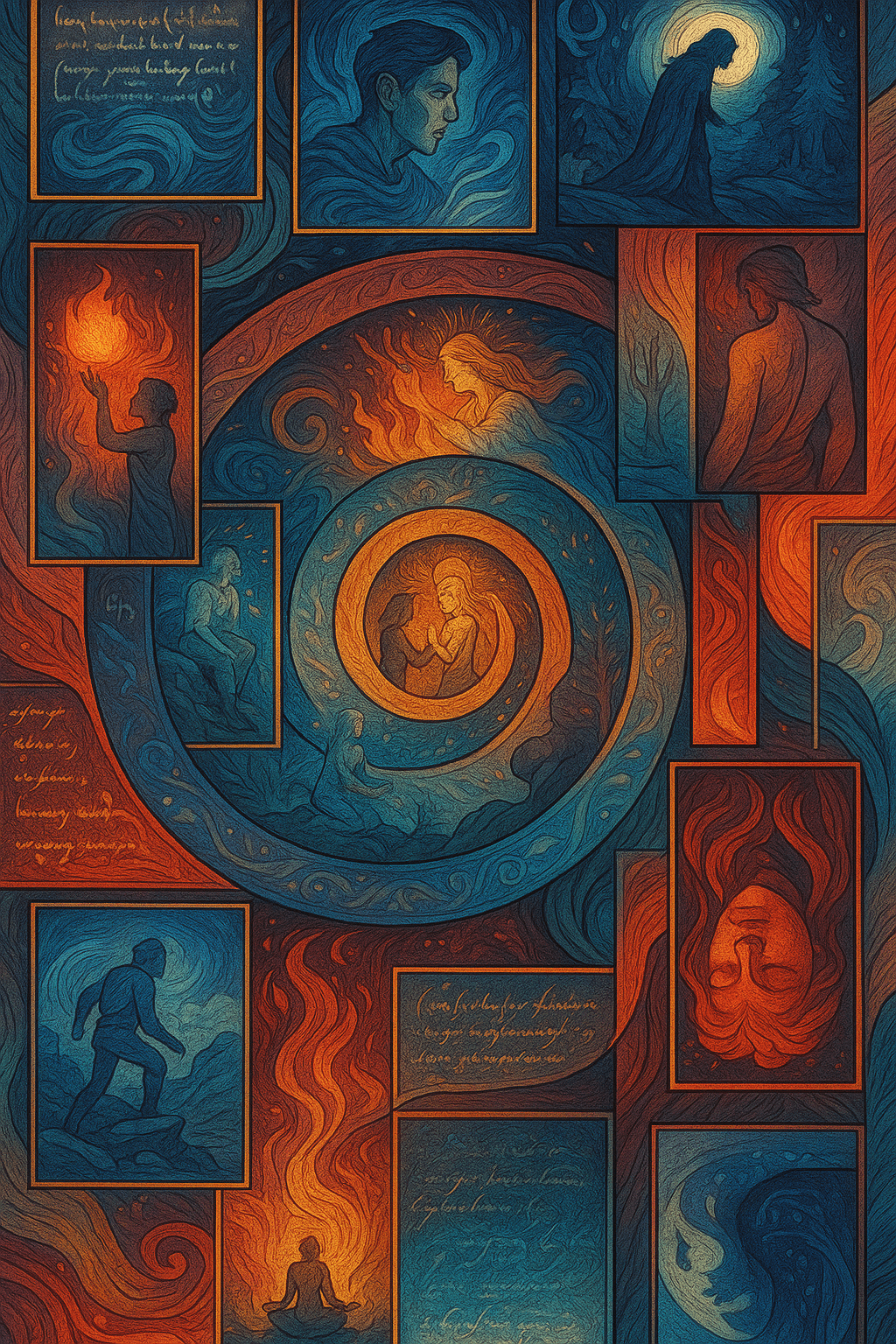 AI generated: A 2048×2048 px digital artwork combining multiple storytelling formats into one cohesive, layered pi...