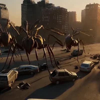 AI generated video: Giant ants the size of buses rampaging through a deserted, partially ruined city street. The ants to...