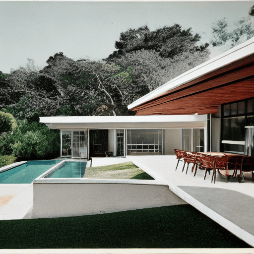 AI generated: Hyper realistic eye level exterior photo of a mid century modern style house overlooking the ocean, ...