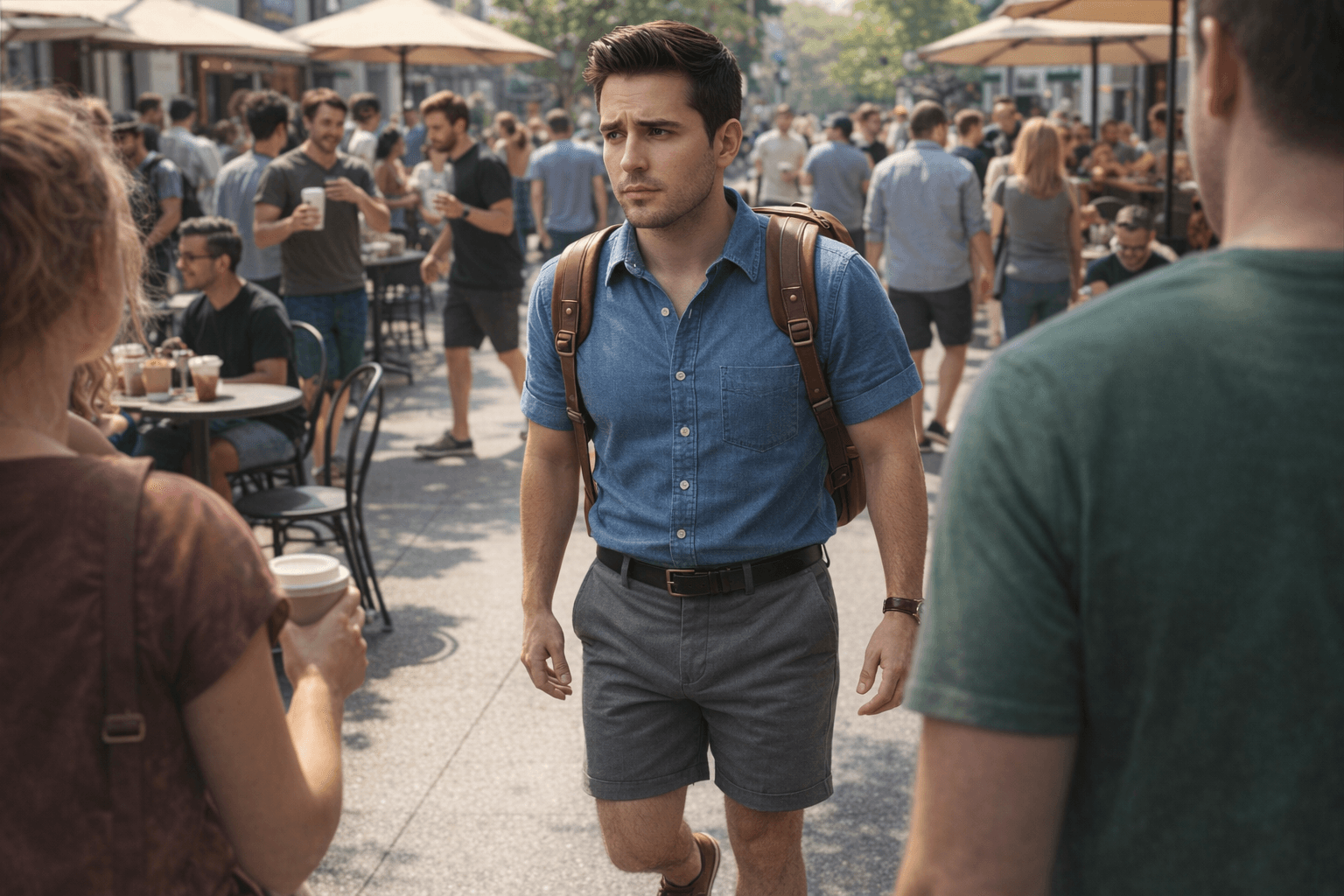 AI generated: In a sunny morning at a nice busy coffee shop. The model is walking through the crowd. The model is ...