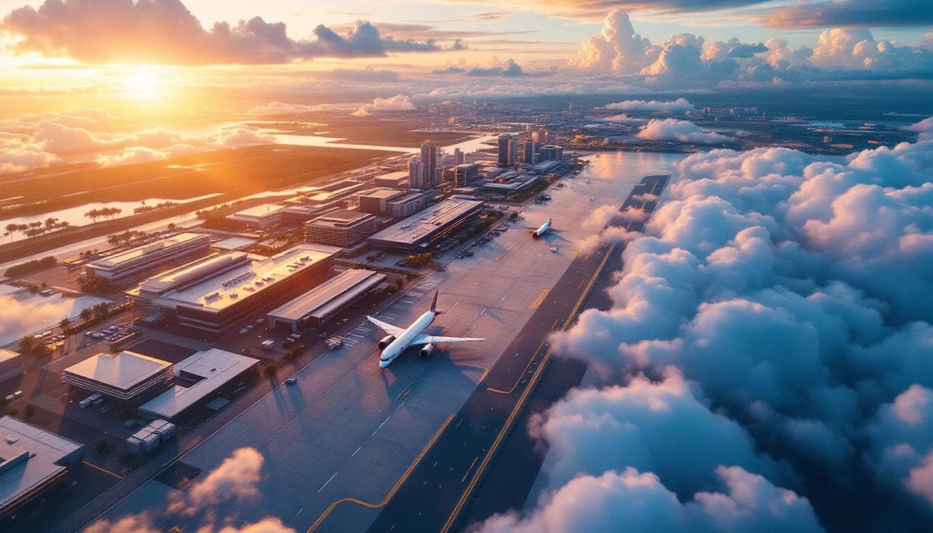 AI generated: Hyper-realistic, aerial view of a modern tropical city airport during a summer morning. Captured thr...