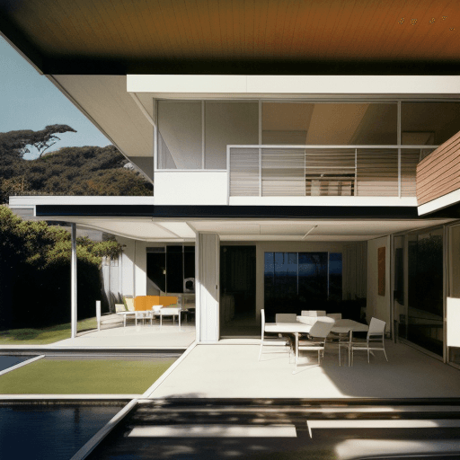 AI generated: Hyper realistic eye level exterior photo of a mid century modern style house overlooking the ocean, ...