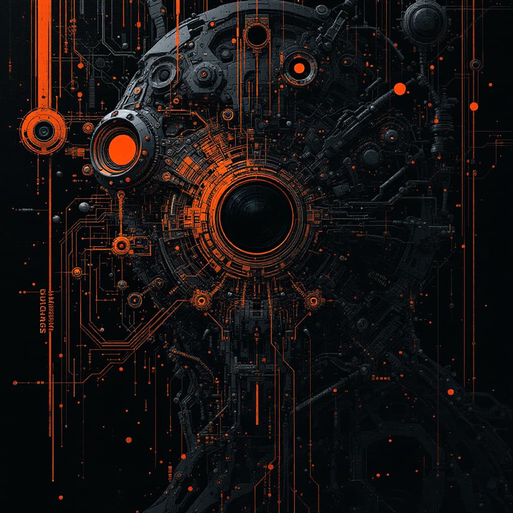 AI generated: artistic, portrait, synthetic human mechanic, complexity with details, empty eye, limited colors are...