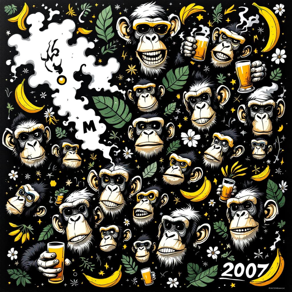 AI generated: An intricate and mainly black, white, yellow, green, (two contrasting, extra colors for details), gr...