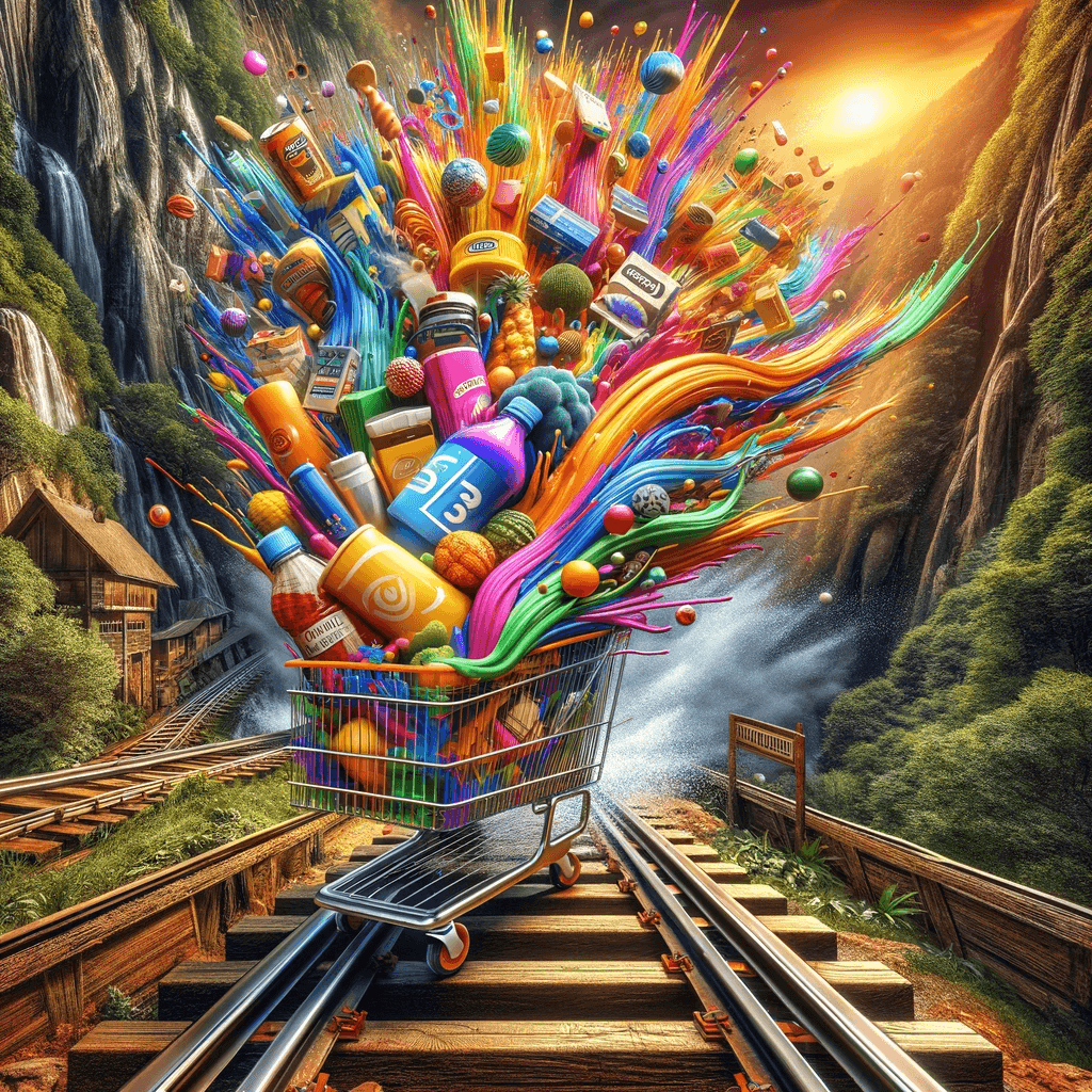 AI generated: Create a vibrant and surreal image where the scene is set on a dramatic railway track that cuts thro...