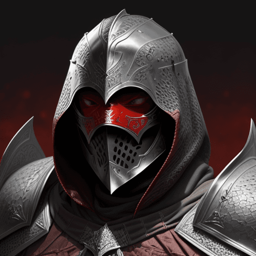 AI generated: closeup of knight from the Middle Ages in dragon scale armor, with face covered by shade of dark-red...