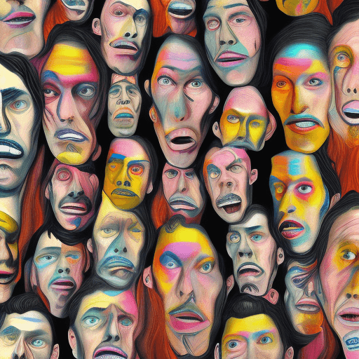 AI generated: colored. distorted, many faces staring at you, they upside down and under some angle, number of face...