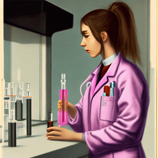 AI generated: girl wearing pink lab coat examining vials with laboratory background <lora:iu__v2:0. 8>, iu1