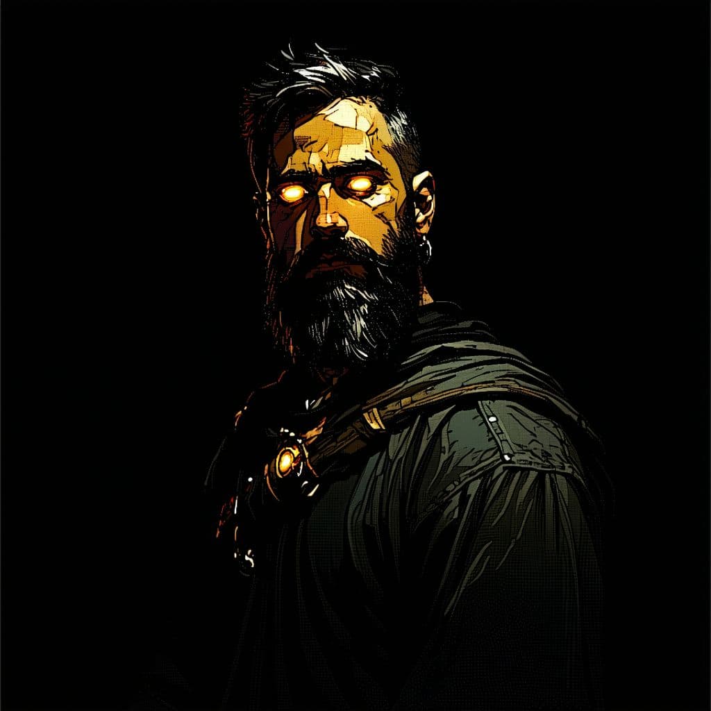AI generated: a man with a beard and a beard with glowing eyes in a dark room with a black background and a black ...