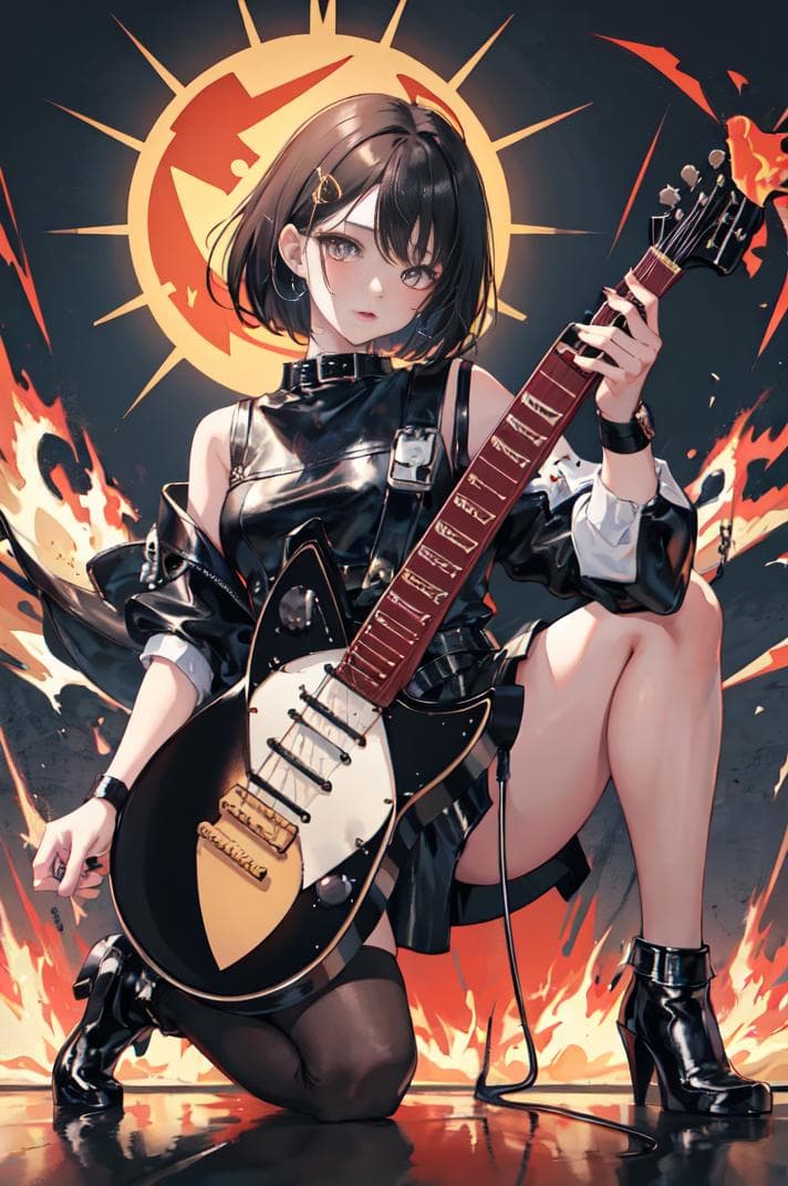 AI generated: masterpiece,best quality,1girl,solo,looking at viewer, fur \(clothing\), black hair, black legwear,(...