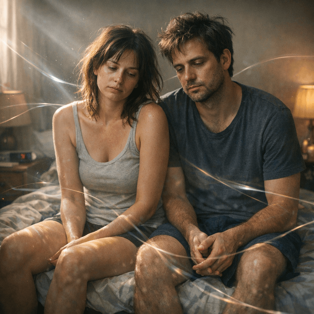 AI generated: Photoreal full-body shot of an adult woman (25+) and an adult man (25+) sitting on an unmade bed in ...