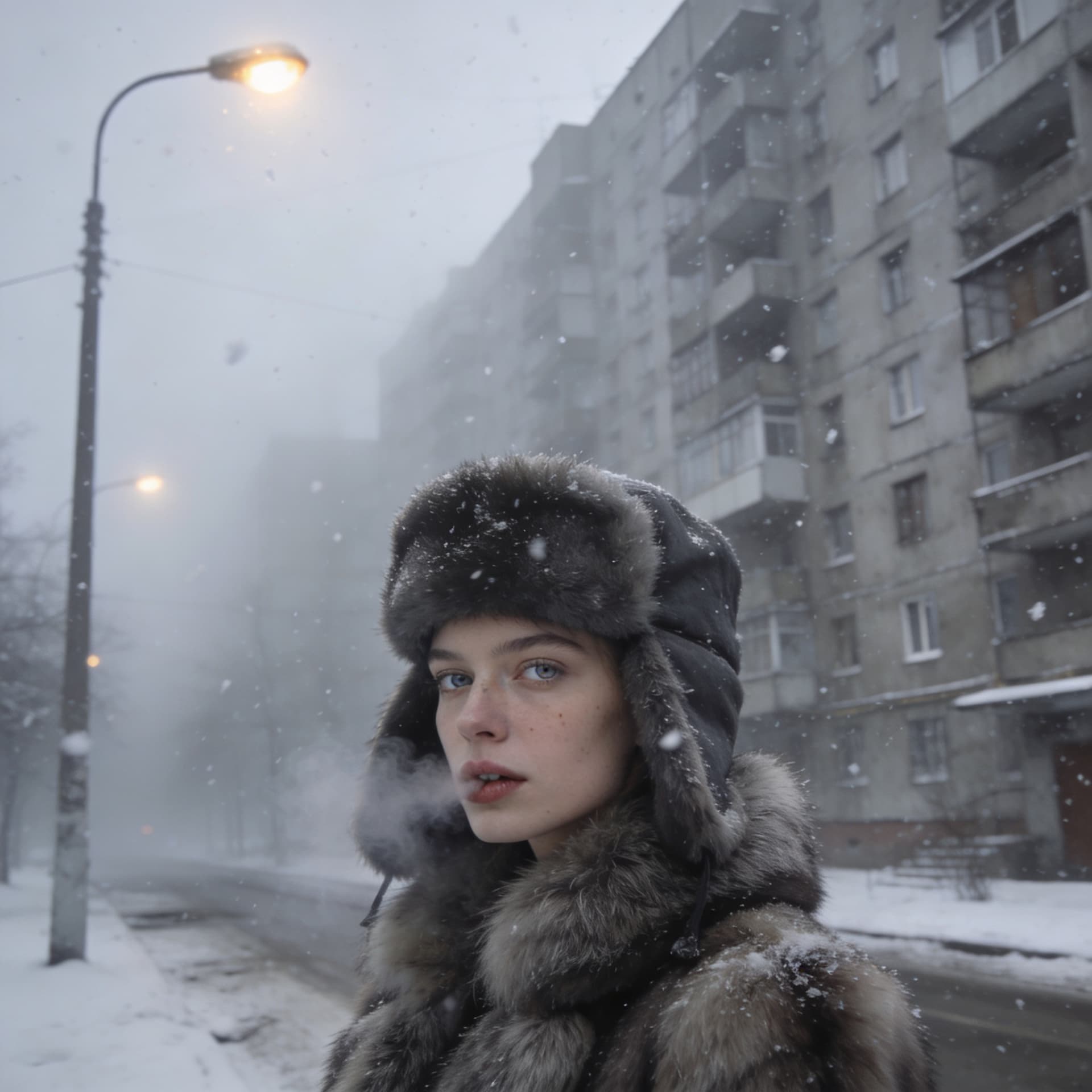 AI generated: Ultra realistic street photography, Soviet Union era architecture, massive brutalist concrete apartm...
