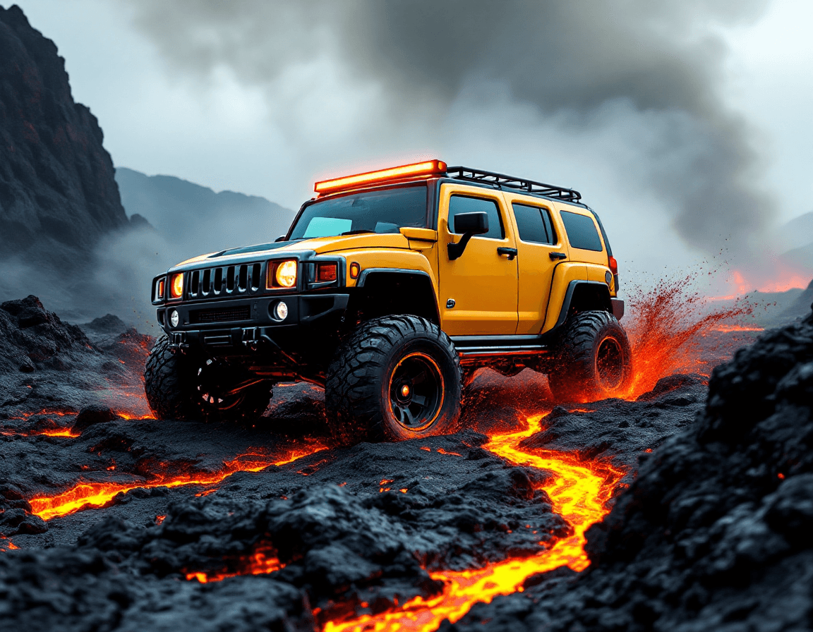 AI generated: A bright yellow Hummer H3 driving epically over a semi-cooled lava field, its massive tires crushing...