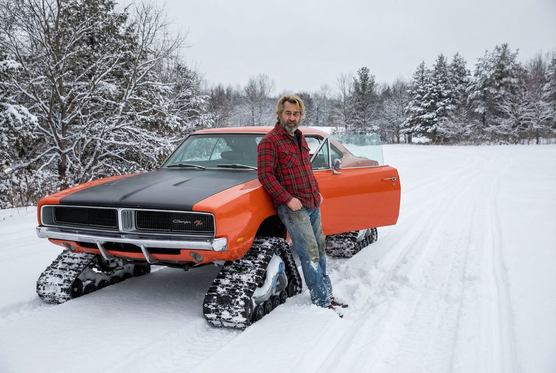 AI generated: photorealistic, exquisite detailed photograph capturing a vintage, Dodge Charger with a black hood, ...