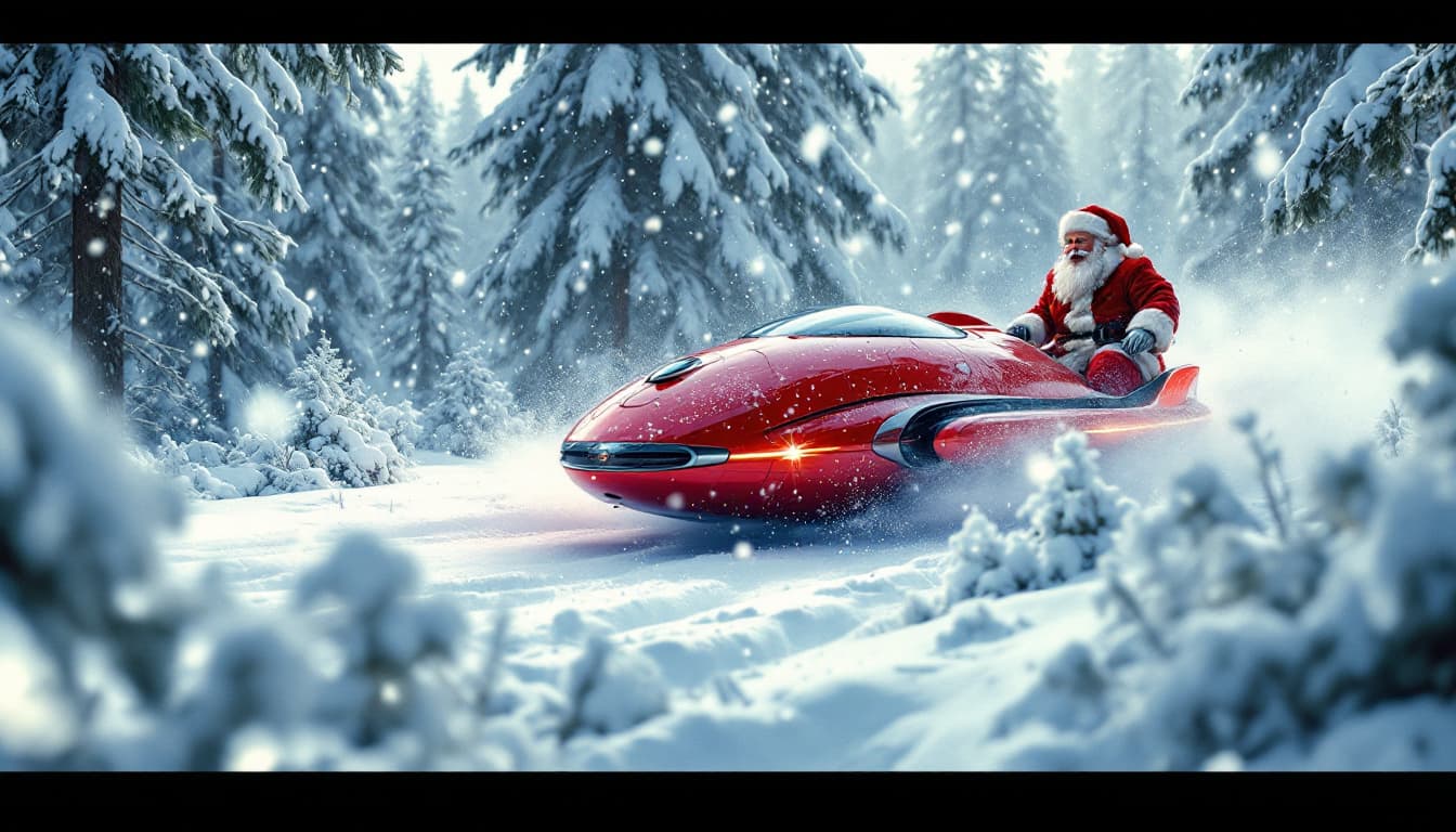 AI generated: Cinematic scene. Winter forest covered with snow. A painted red futuristic rocket powered sleigh ste...