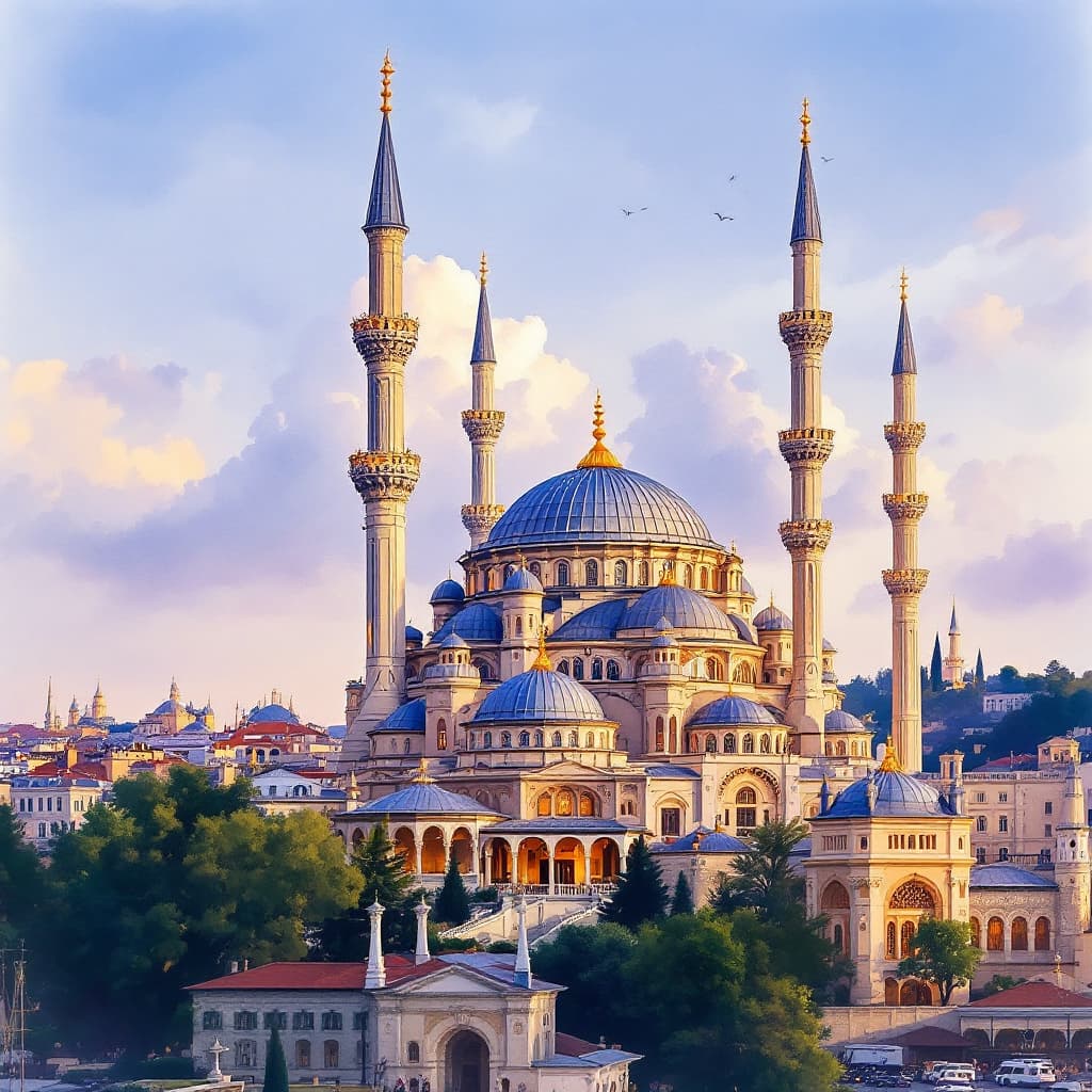 AI generated: ** Sultanaehmet elegance: Istanbul architecture. Watercolor. Vintage print, watercolor, art station ...