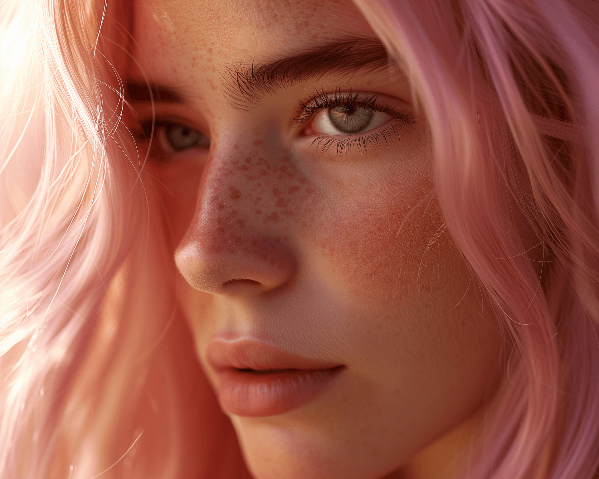 AI generated: Ultra-realistic photograph of a beautiful girl with a hint of freckles, long pink hair, and an elega...