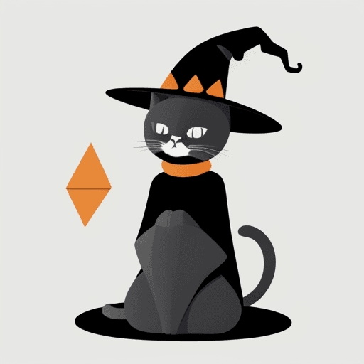 AI generated: A flat illustration of a cat wearing a witch's hat and sitting on the skull, minimalist, warm, utili...