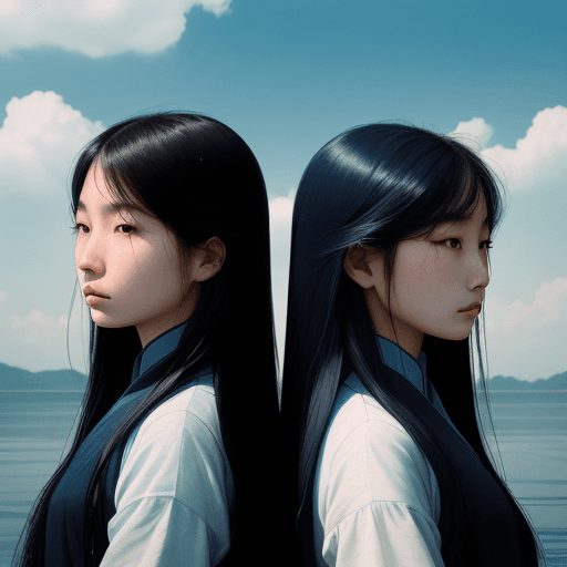 AI generated: two asian girls with long hair, blue sky, in the style of xiaofei yue, dark indigo and light black, ...