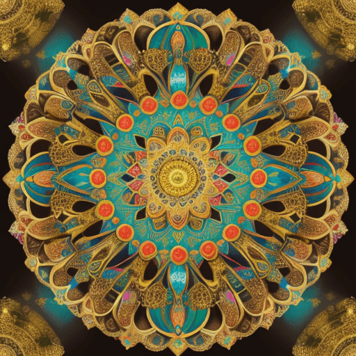 AI generated: Círculo de oro, con simetría interior de filigrana, con colores tornasolados, mandala, colores vivid...