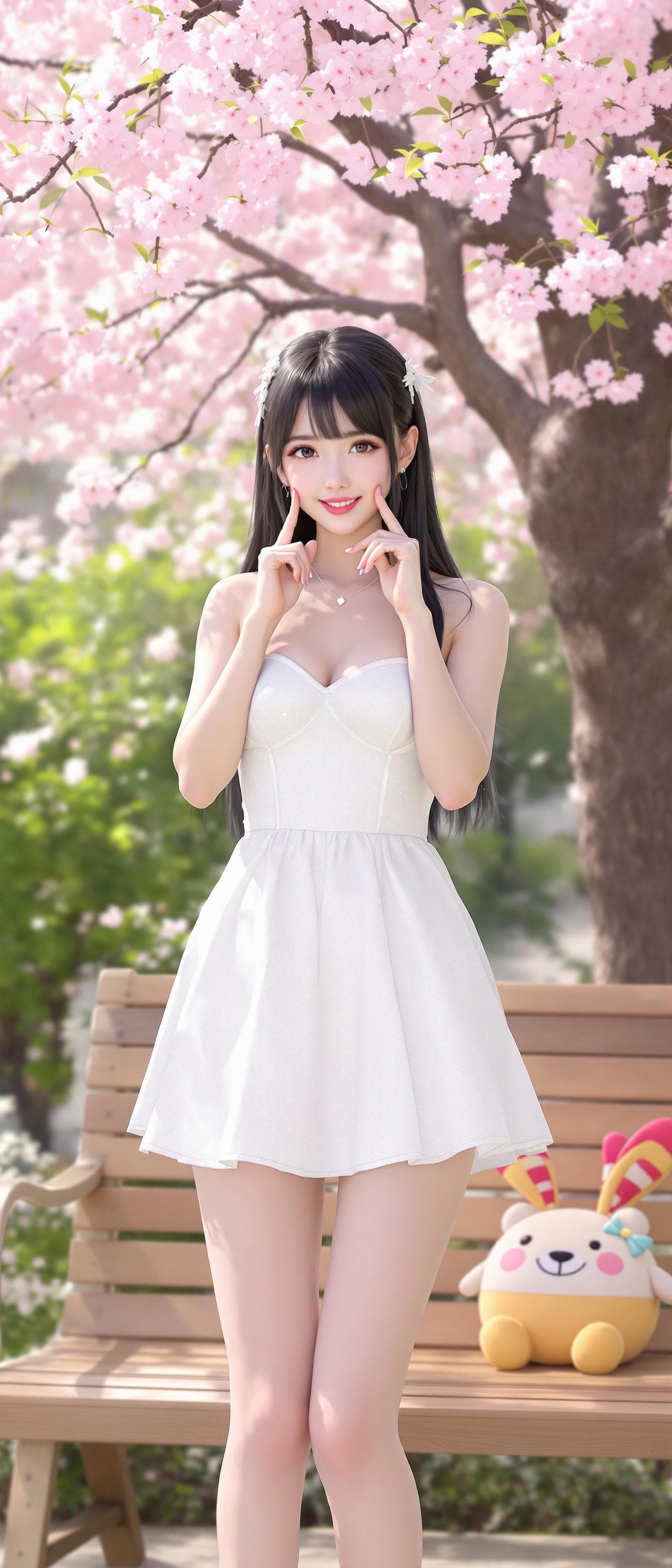 AI generated: 3D Render, 1girl, outdoors, garden, cherry blossoms, standing near the tree, fingers on the cheeks, ...