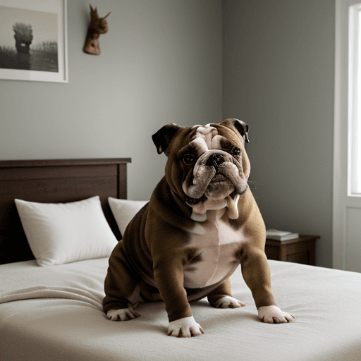 AI generated: a bulldog shitting on a clean bed in a bedroom, interior design,  shit, bulldog
