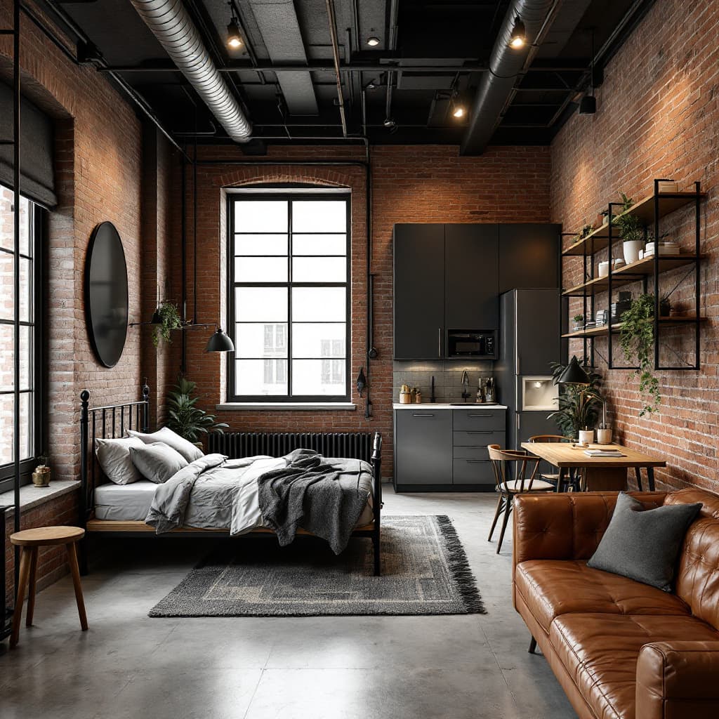 AI generated: An urban industrial-style 8x5m studio apartment. Exposed brick walls, black metal accents, concrete ...