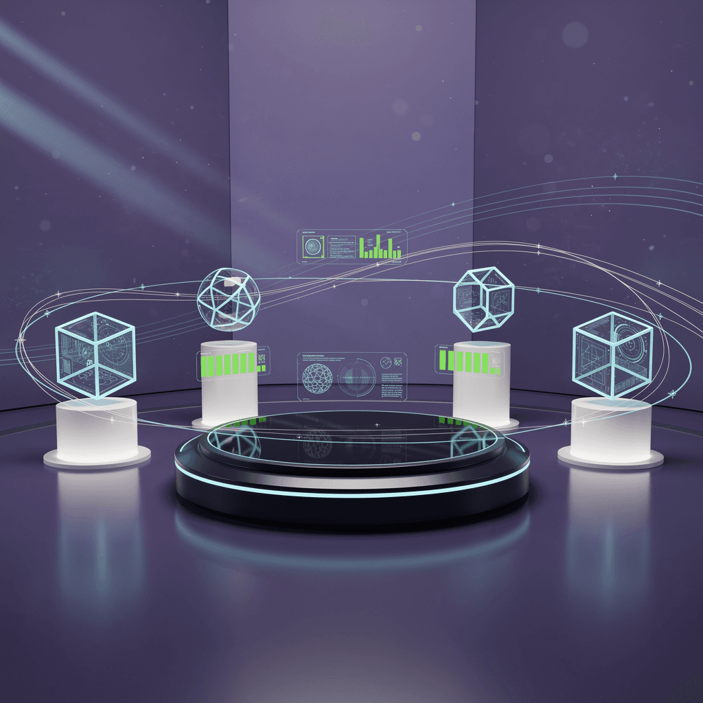AI generated: futuristic IoT monitoring station, circular room with floating holographic device 
displays, deep pu...