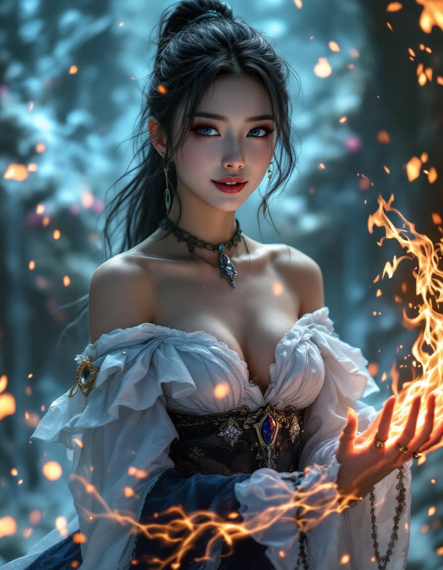 AI generated: A stunning, slender 19-year-old Japanese-looking witch stands tall in a magical dark fantasy realm, ...