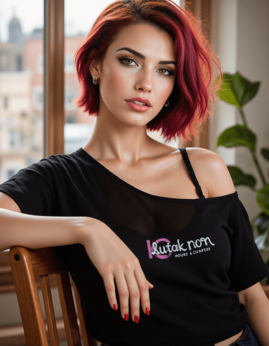 AI generated: A woman with short hair and a vibrant pink streak stands confidently against a window. She is dresse...
