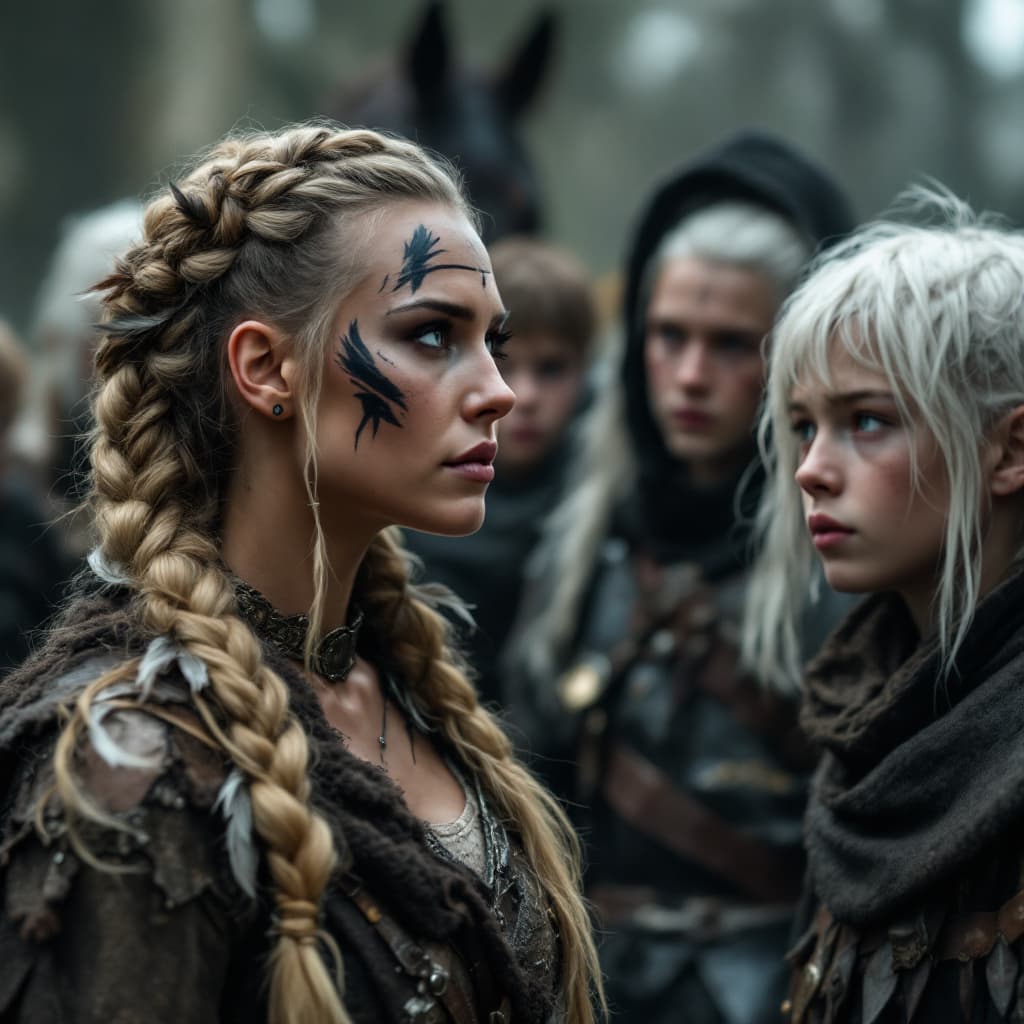 AI generated: a viking warrior woman with braided hair, war paint on her face, feathers in her long blonde braid, ...
