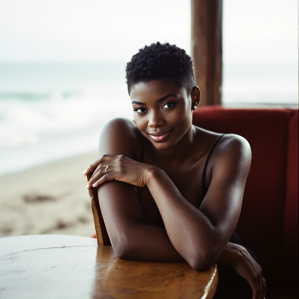 AI generated: a black woman with short hair leans on a chair, in the style of social media portraiture, earthcore,...