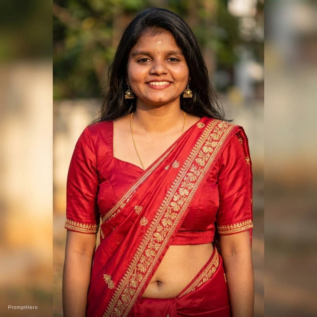 AI generated: Hot in red saree with deep clevage blouse and low hip navel showing 