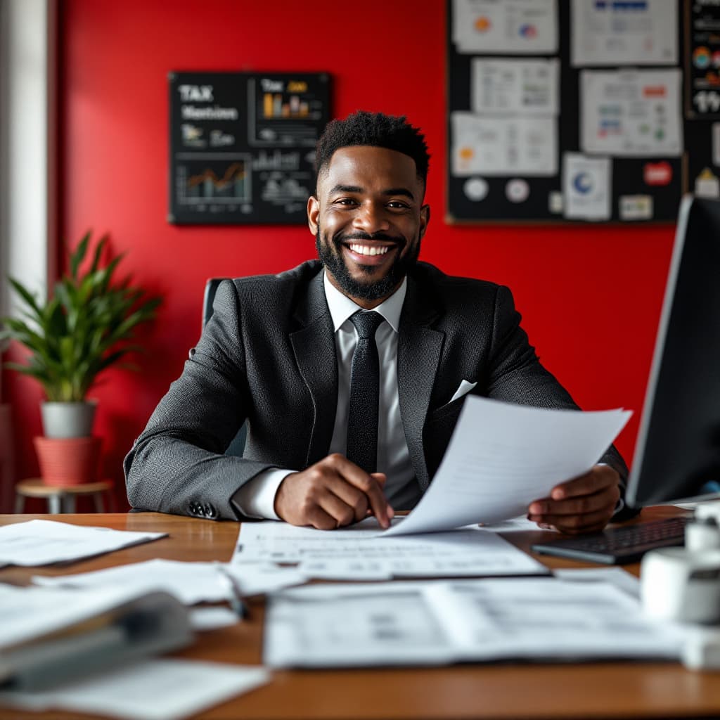 AI generated: BLACK TAX PROFESSIONA IN A MODERN OFFICE THAT HAS A RED WALL AND TAX PAPERS ON DESK
