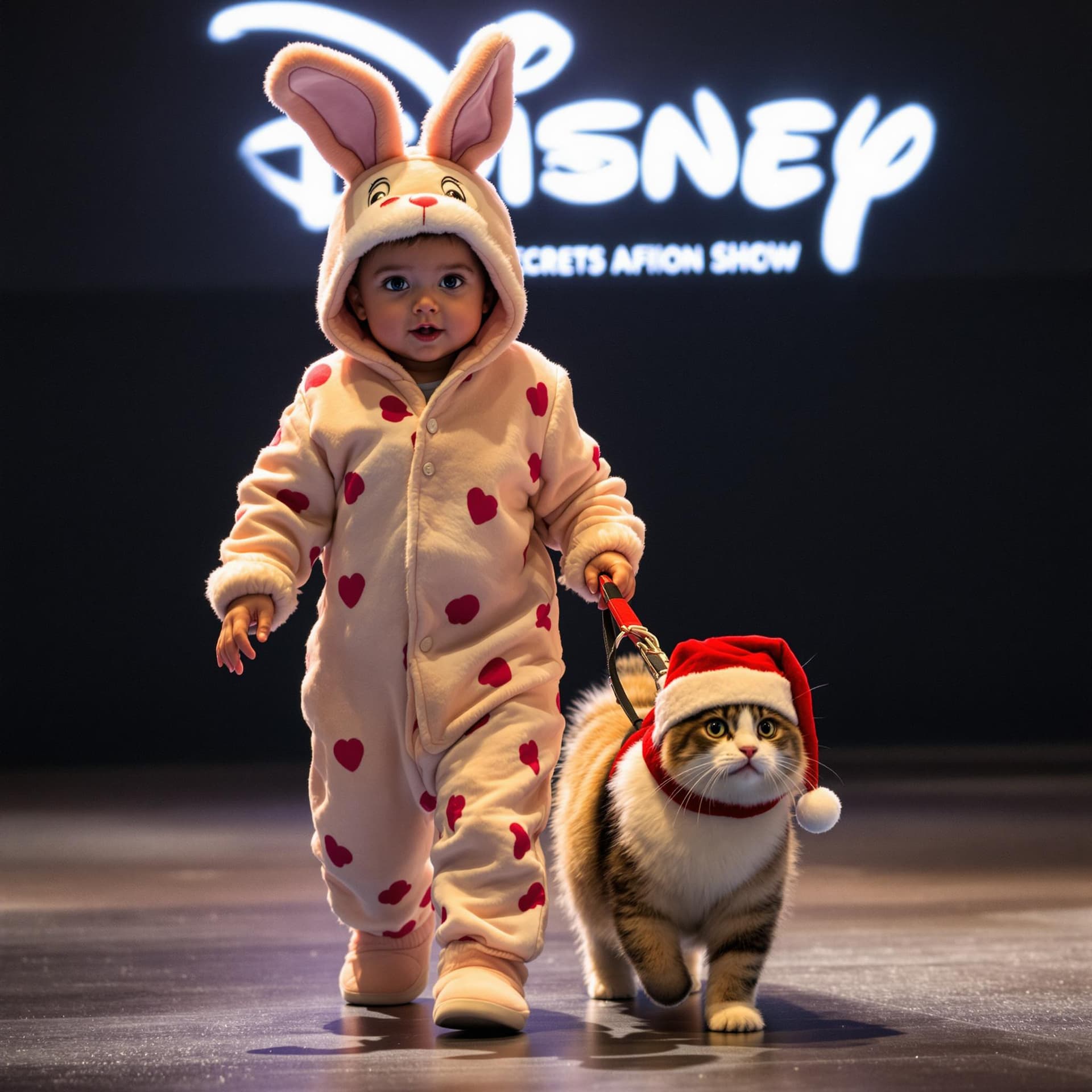 AI generated: A baby dressed in bunny pajamas leads a pet cat on a leash while walking at a Disneyt fashion show, ...