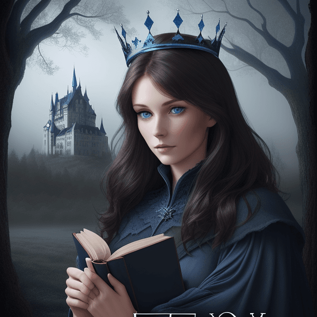 AI generated: 
this is a book cover, it shows a castle, dark blue, fog, trees. That woman with blue eyes, brunette...