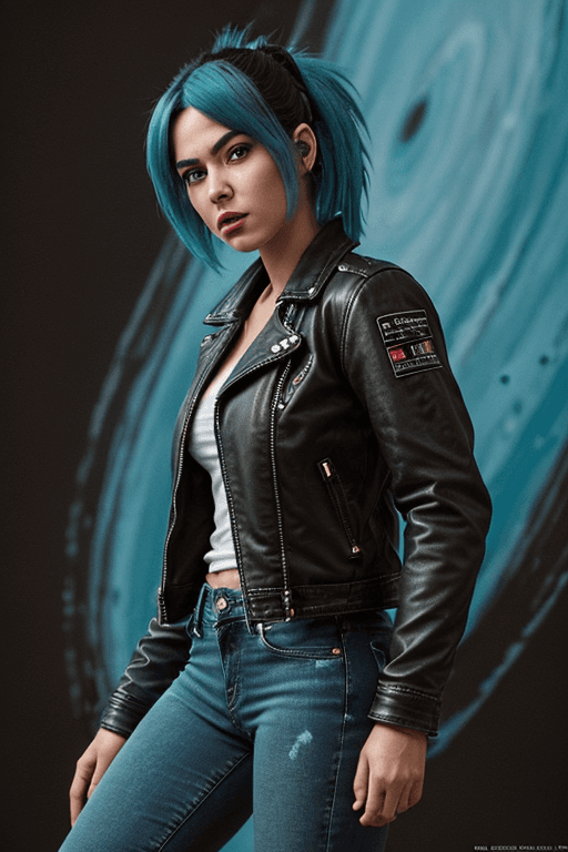AI generated: Hyper Realistic depiction of Bulma, cinematic low angle, leather jacket, black denim jeans, vivid tu...