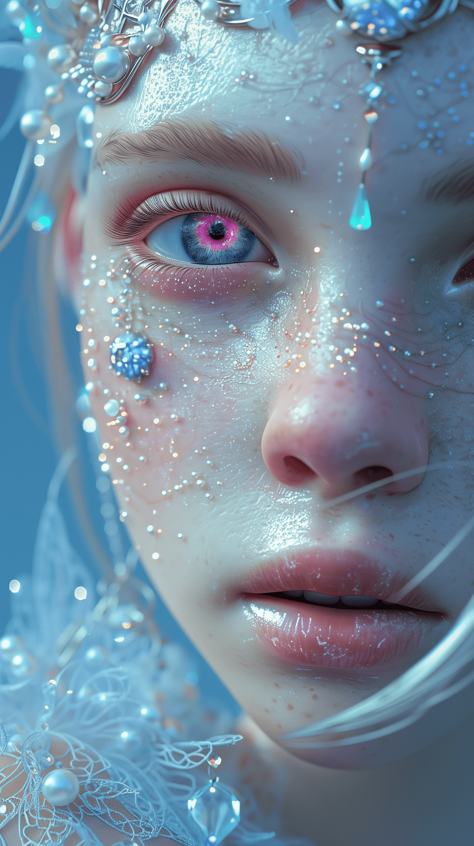 AI generated: A close up of an alien woman with pink eyes and blue skin, in the fantasy art style, trending on cg ...
