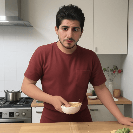 AI generated: chico de 27 años con piyama asustado en la cocina 
