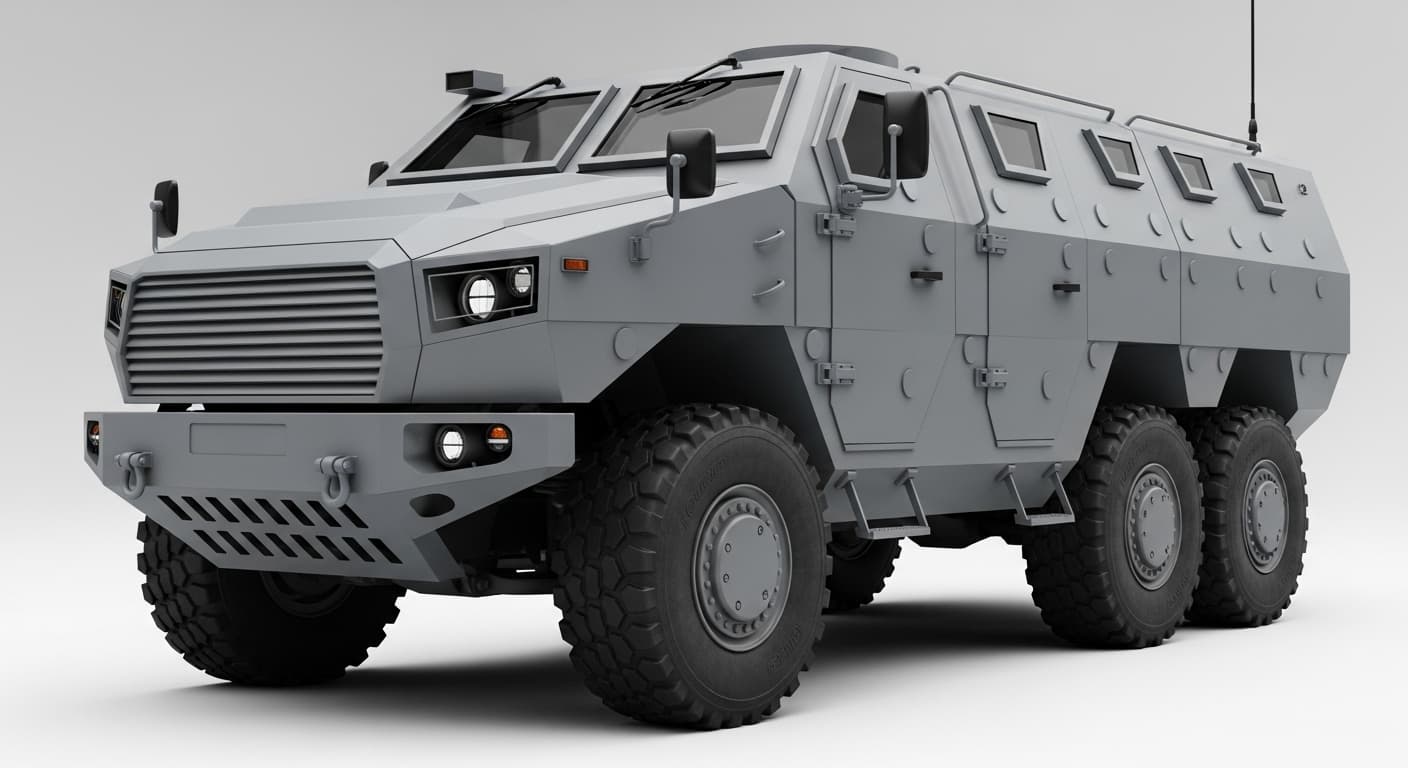 AI generated: A hyper-realistic, matte gray armored personnel carrier with a boxy, angular design. The vehicle has...