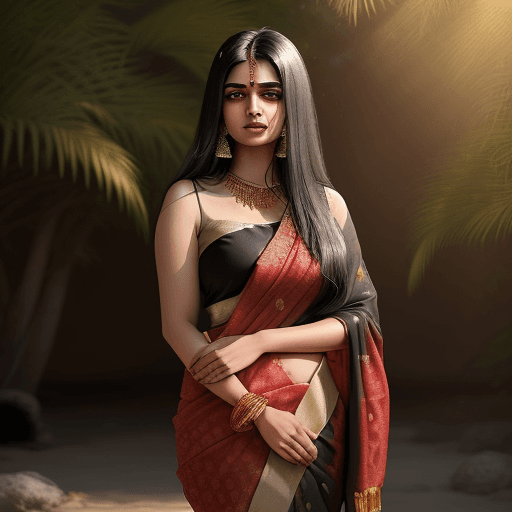 AI generated: Create a stunning image of an Indian woman wearing a traditional saree in 8K quality.  flowing black...