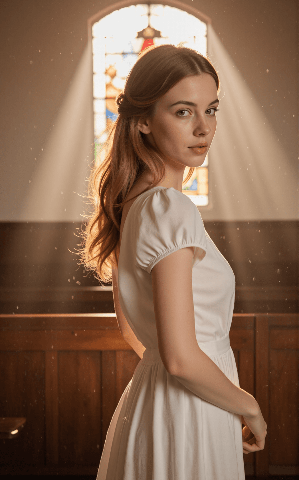 AI generated: A high-resolution cinematic photograph of a beautiful young woman with soft features, pale skin, and...