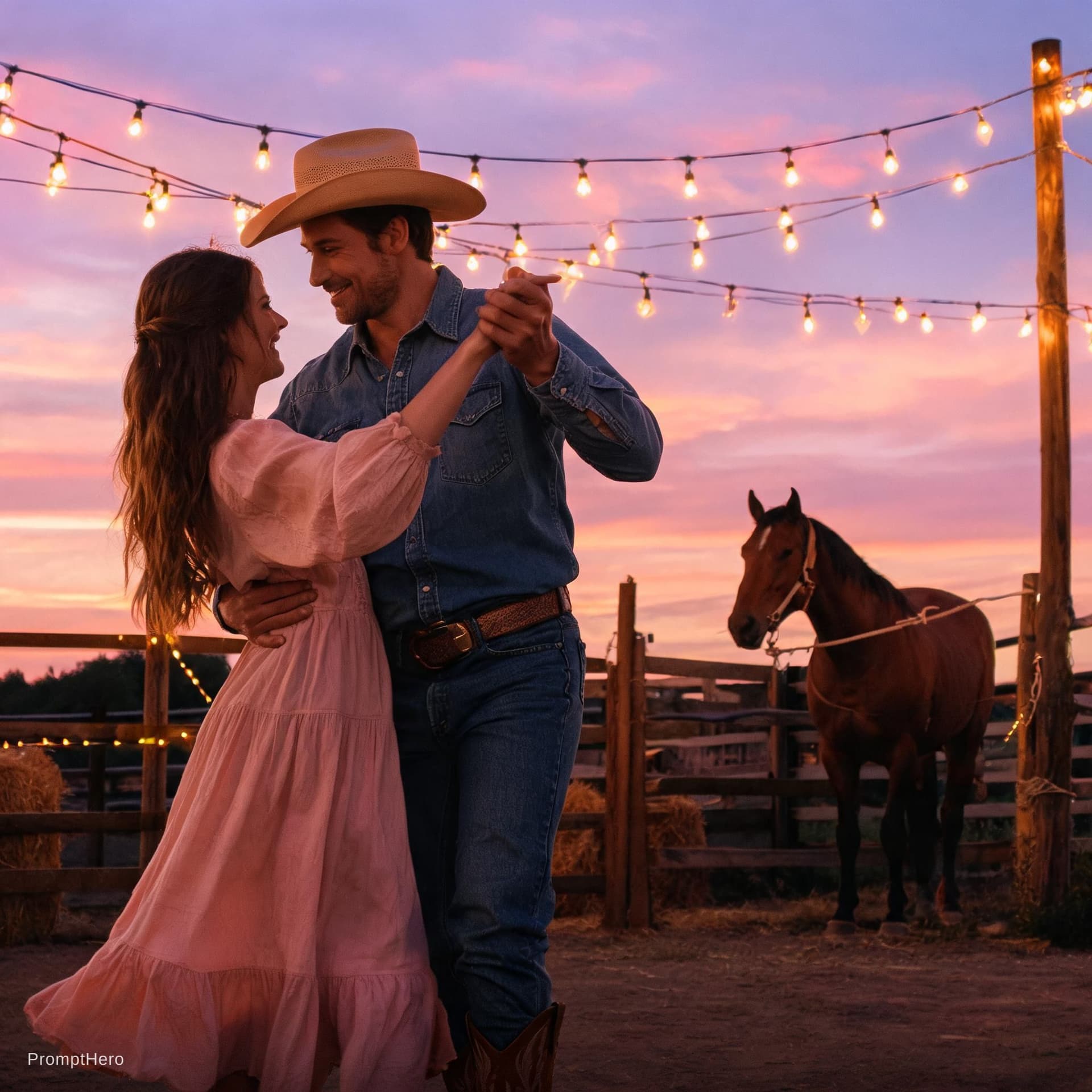 AI generated: a cowboy dancing with his girl under fairy lights at dusk and horse in the back