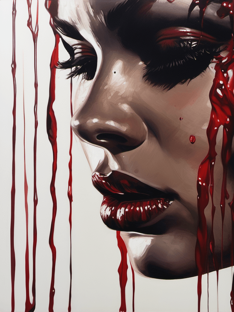 AI generated: close up, blood drops on a woman's face, closed eyes, dramatic, white background, elegant, emotional...