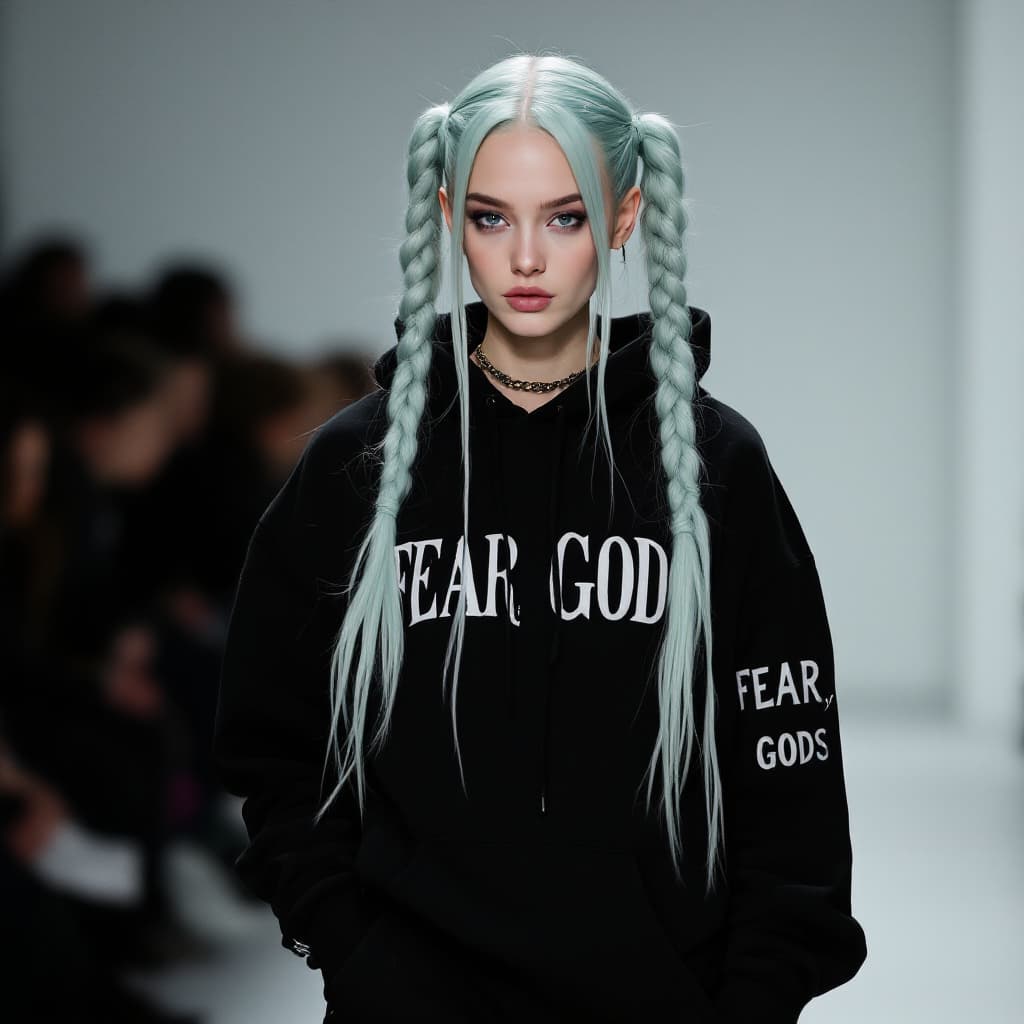AI generated: Vogue Runway Model with long Pigtails in the style of candycore hair, wearing black fear of god hood...