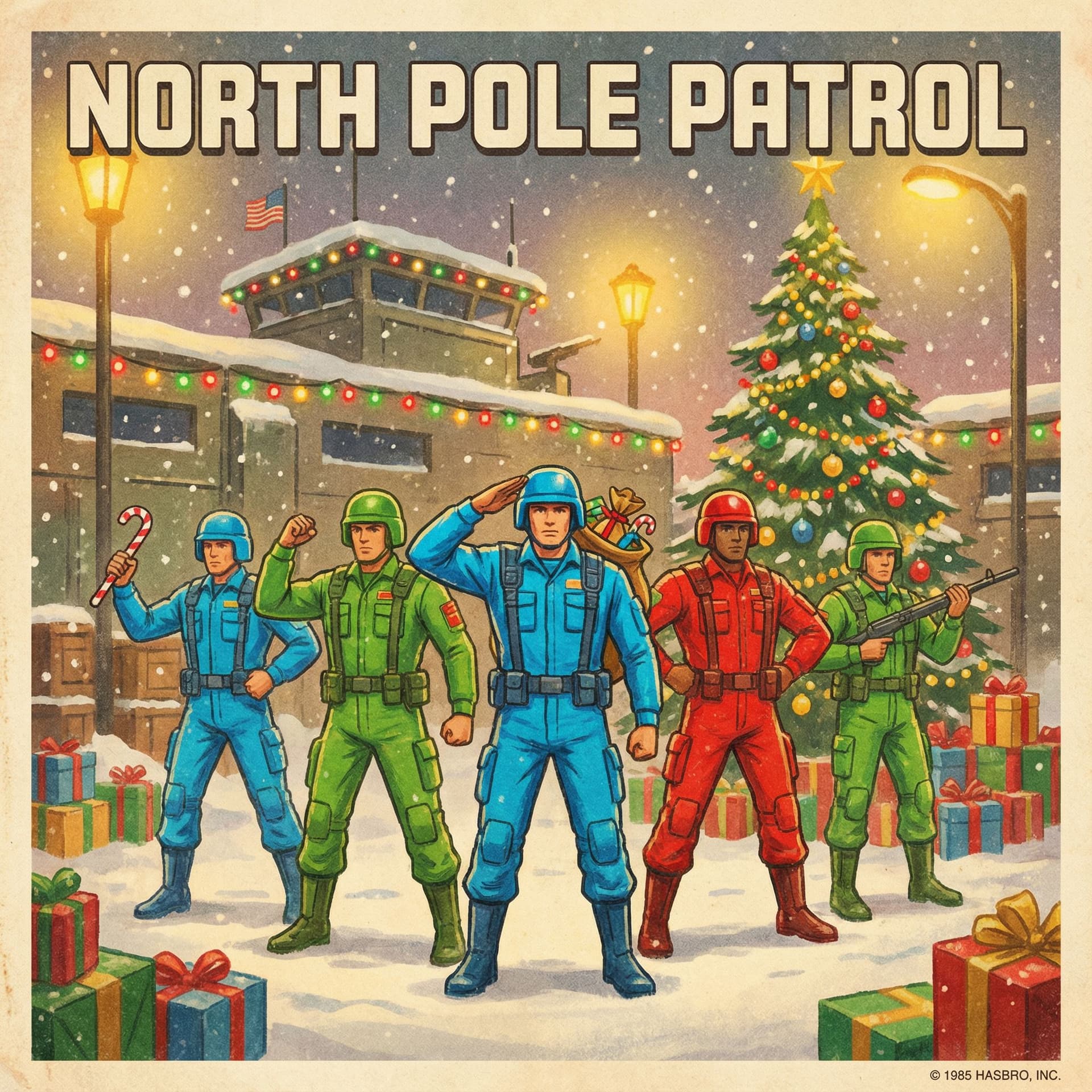 AI generated: 
Nostalgic Christmas poster inspired by classic 1980s G.I. Joe toy art. Heroic 1980s G.I. Joe–style ...