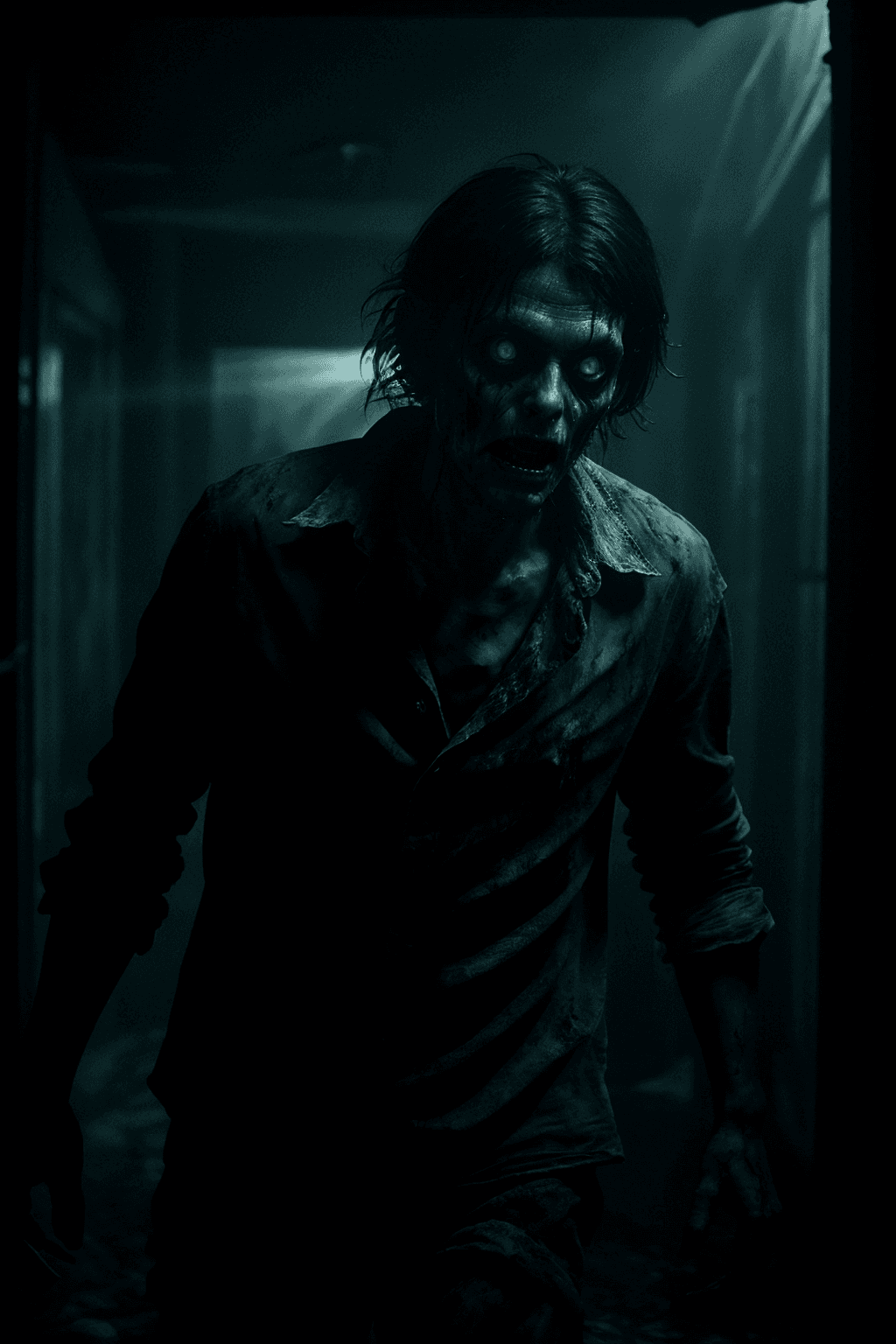 AI generated: clsoseup highly detailed contrasty cinematic film still,The zombie emerging from a dark room, zombie...