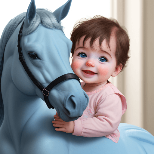 AI generated: a baby smiling over a baby blue horse
